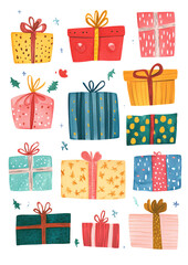 Colorful gift boxes with various patterns, perfect for celebration themes.