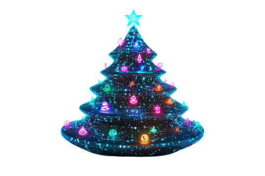 Colorful illuminated Christmas tree with bright ornaments and star on top, white isolate background.
