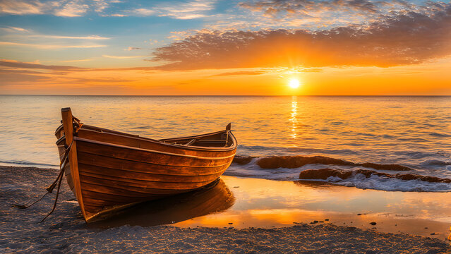 A boat is sitting on the beach at sunset - Powered by Adobe