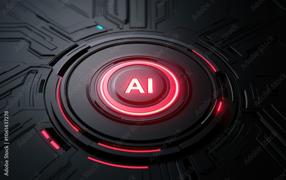 Aufkleber close-up of a futuristic black and red button with 'ai' illuminated, surrounded by circuit-like desi