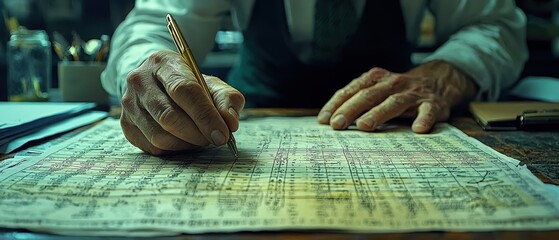 Close-up of a hand writing on an old financial ledger with a pencil, showcasing meticulous record-keeping and attention to detail in a business environment.