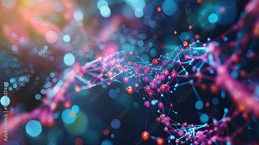 Poster abstract interconnected network of shiny red and blue nodes