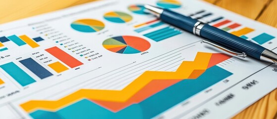 Close-up view of various colorful graphs and charts on a report, accompanied by a blue pen on a wooden surface, showcasing financial data analysis and market trends.