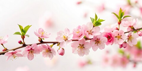 Obraz premium A delicate cherry blossom branch with soft pink petals and green leaves against a white background, garden, blooming, blossoms