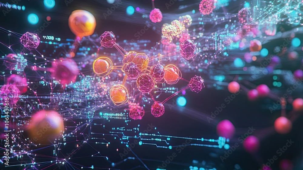 Poster abstract 3d network of interconnected spheres with glowing lines