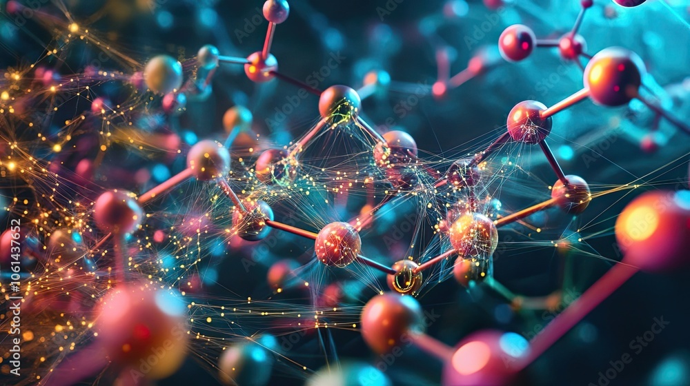 Poster abstract molecular structure with glowing lines and spheres