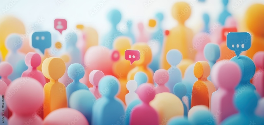 Poster colorful crowd of abstract figures with speech bubbles, symbolizing communication and social interac