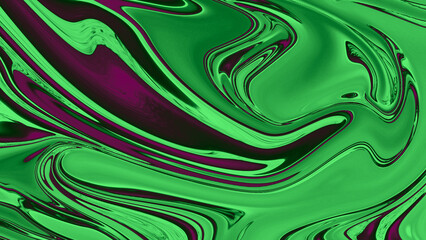 A flowing abstract pattern of green and purple hues, creating a dynamic marbled effect with smooth, curving lines. The image feels bold and organic