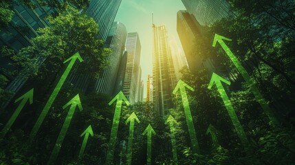 Obraz premium A background of green arrows pointing upwards symbol in city skyline
