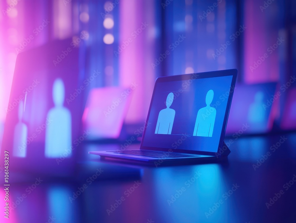 Aufkleber futuristic digital workspace with glowing screens displaying abstract user profiles, creating a vibr