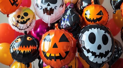 Obraz premium Colorful Halloween balloons with various spooky faces, pumpkins, skulls, ghosts, and other designs.