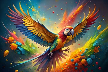 Majestic Colorful Parrot in Oil Painting Style with Dynamic Paint Splashes - Tropical Exotic Bird Illustration