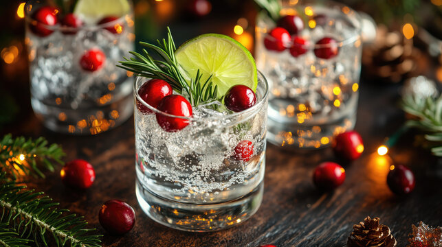 A Christmas gin and tonic, with lime and rosemary, for the festive winter season.Bright colors and festive ingredients make this drink attractive and delicious.
