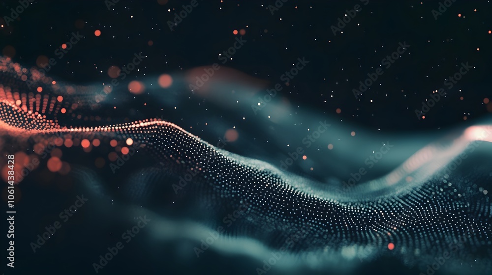 Poster glowing digital particles and flowing lines in futuristic dark backdrop