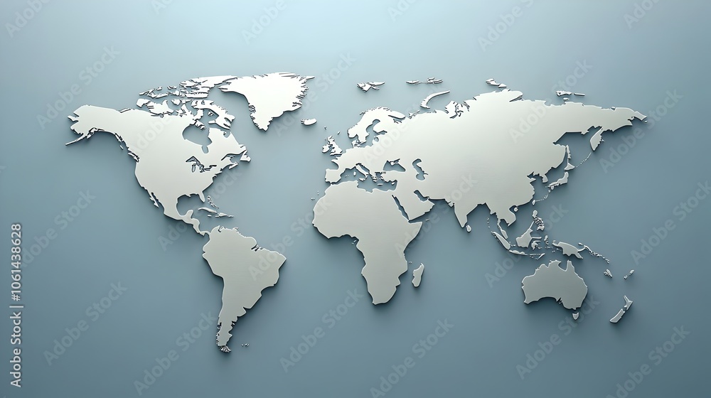 Poster light grey world map on blue background with ample copy space