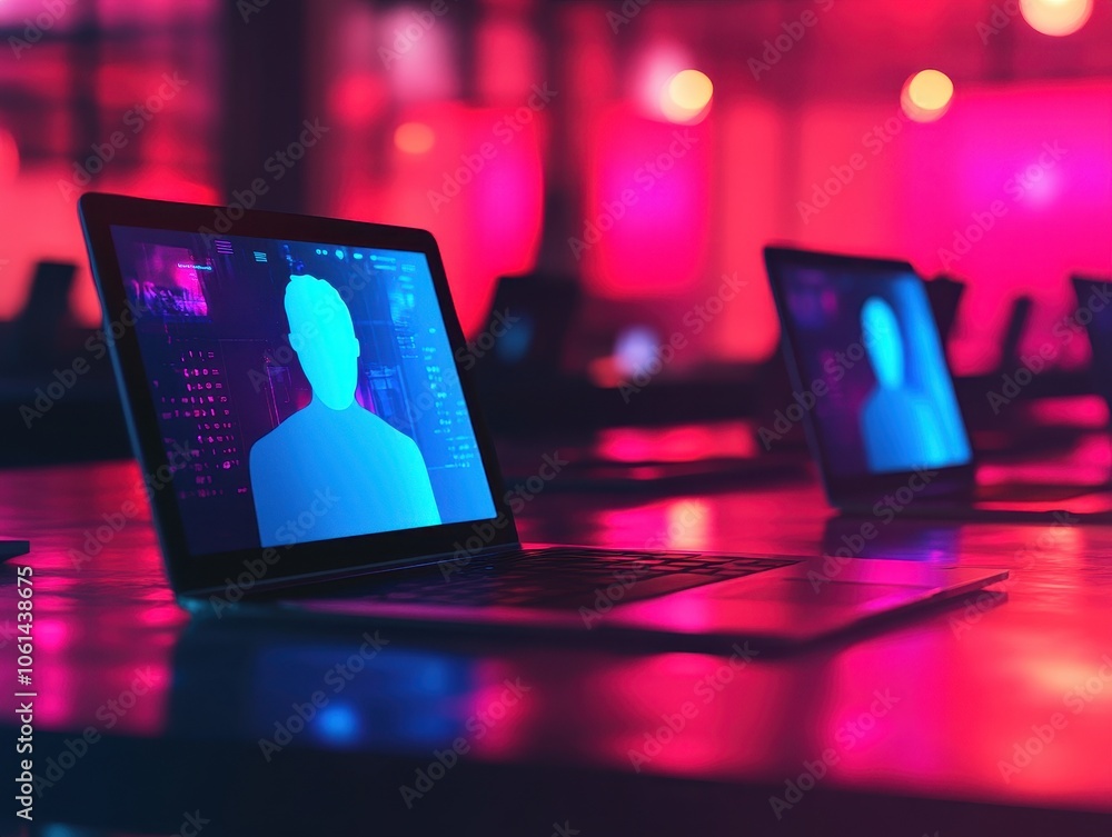 Aufkleber stylish laptops displaying abstract digital avatars in vibrant lighting, showcasing advanced technol