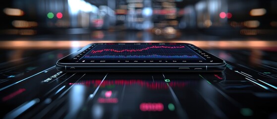 Modern smartphone displaying dynamic financial data on a futuristic interface, showcasing digital trends and market analytics in a high-tech environment.