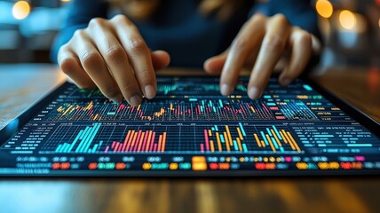 Person analyzing financial data on a tablet, colorful graphs and charts displayed, focused hands, modern technology in use.