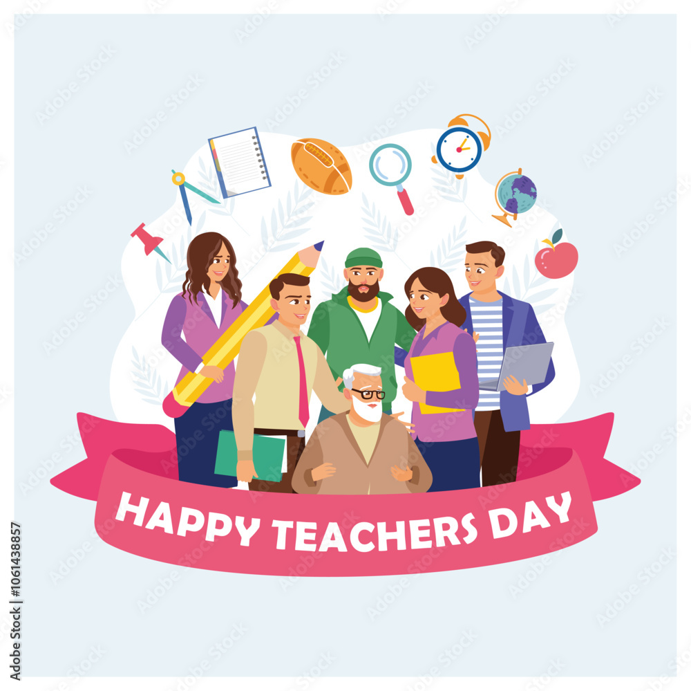 Wall mural A group of teachers from various disciplines gathered together. Celebrating Teacher's Day, October 5. Teacher's Day concept. Flat vector illustration.