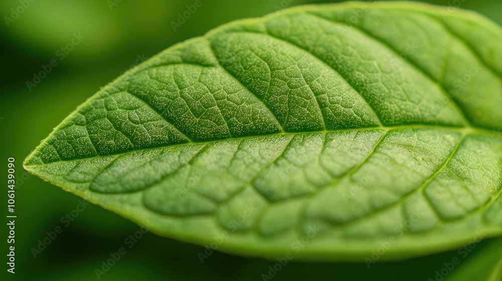 Poster close-up of a vibrant green leaf with intricate vein patterns macro texture background.