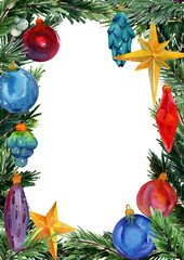 Watercolor spruce branches and balls toys A4 frame template. Hand drawn new year illustration. Design for covers, invites, season offers. Blank text. Bright Christmas tree toys on fir-tree.