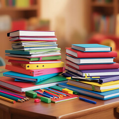 A colorful still-life arrangement of new back to school supplies, stacked horizontally on a wooden desk or table, with a blurred, warm-toned background that suggests a cozy study area or classroom