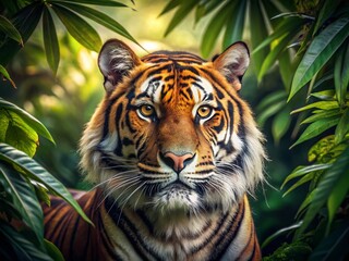 Majestic Tiger Head in a Wild Jungle Setting: Fierce, Powerful, and Symbolic of Nature's Beauty and Strength, Capturing Intricate Details and Vivid Colors in Conceptual Photography
