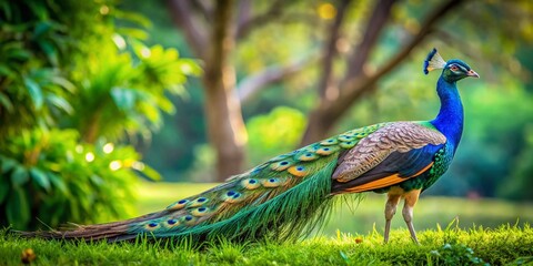 Naklejka premium Male Peacock Strutting Elegantly in Lush Grass - Vibrant Colors, Nature Photography, Wildlife, Exotic Birds, Animal Portrait, Outdoor Scene, Colorful Plumage, Natural Habitat, Peacock Display