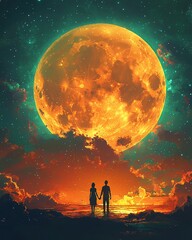 Obraz premium Couple holding hands in dreamy sky clouds Couple against a large moon, colorful sky