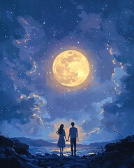 Obraz premium Couple holding hands in dreamy sky clouds Couple under a beautiful starry night sky