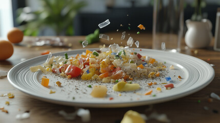 A close-up of a dinner plate with food mixed with microplastic, symbolizing how microplastics have entered human body, Generative AI