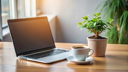Fototapeta premium A small potted plant on a desk with a laptop and a cup of coffee, nature, indoor garden, coffee break, plants, potted plant