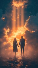 Obraz premium Couple holding hands in dreamy sky clouds Couple holding hands under radiant sky