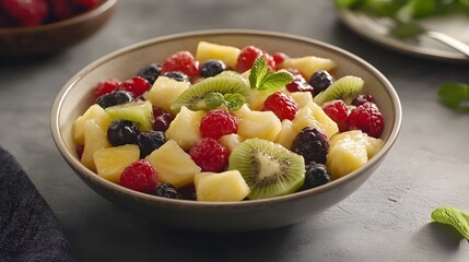 Vibrant Fruit Salad in a Bowl with Mixed Berries,Kiwi and Pineapple