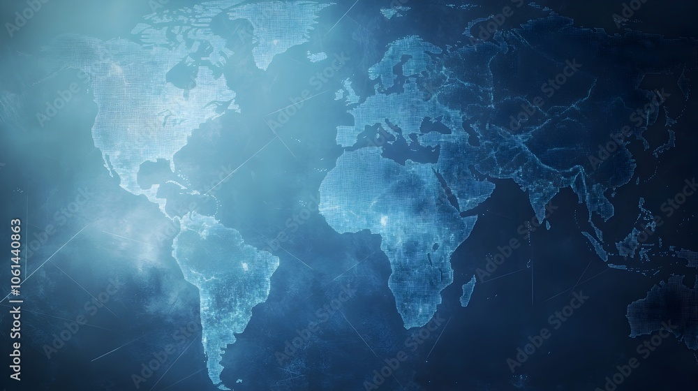 Poster minimalist blue and grey backdrop with faint world map and empty copy space