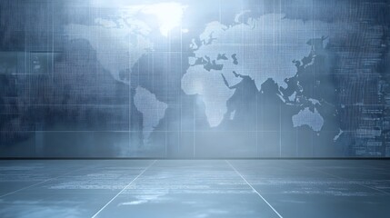 Fototapeta premium Minimalist Blue and Grey Backdrop with Faint World Map and Empty Copy Space for Neutral News
