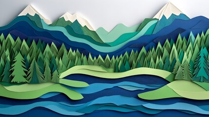 Obraz premium Layered Papercut Scenic Landscape of Mountains,River and Evergreen Forest