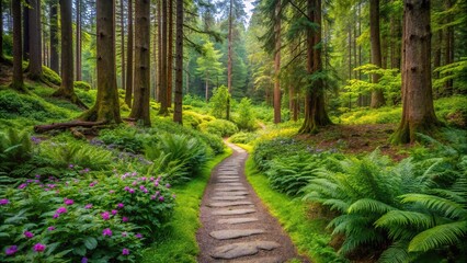 A winding stone path in a lush green forest overgrown with wildflowers and ferns, surrounded by tall trees, nature, forest