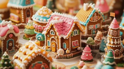 Obraz premium Gingerbread Village Delight: A charming close-up of an enchanting gingerbread village, showcasing intricately decorated houses and festive details. Perfect for holiday cards, blogs, and websites. 