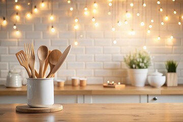 Minimal Cozy Kitchen Counter with Bokeh Effect, Bright Wood Counter, White Utensils, Warm Ambience, Modern Design, Stylish Kitchen Decor