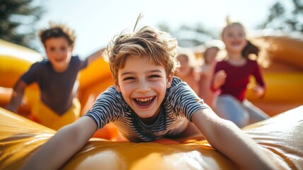 A sunlit summer day brings excitement and happiness to kids in an inflatable play area.