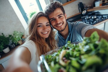 A joyful young couple taking a selfie while preparing a healthy salad.
