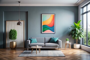 Minimalist Big Wall Painting in Gray Room – Modern Home Interior Art Mockup, Contemporary Decor, Abstract Design, Elegant Frame, Cozy Living Space, Minimalist Aesthetic