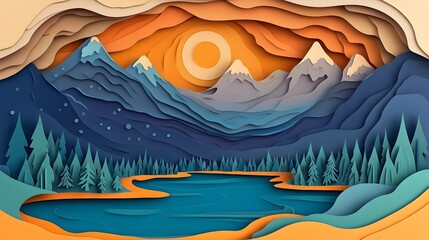 Serene Papercut Landscape with Mountain Lake and Forest in Natural Colors