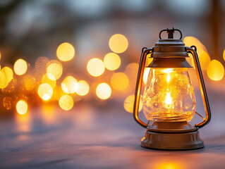 A single vintage lantern glowing softly in the dark, surrounded by tiny golden lights. The scene is peaceful and nostalgic, capturing the warmth and hope associated with the New Year.