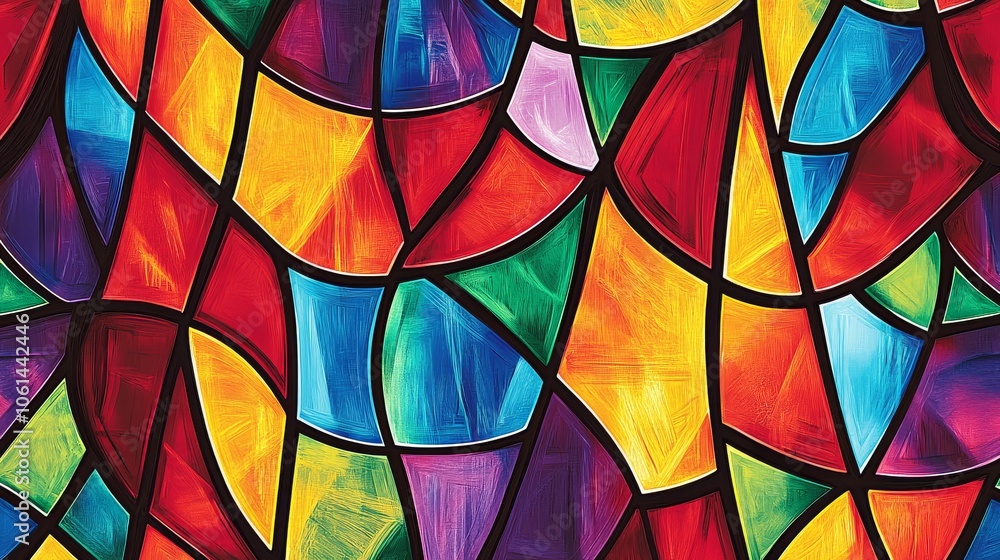 Poster intricate patterns of stained glass in a vivid color palette.