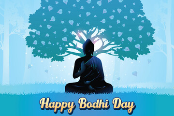 Buddha's Silhouette Meditating Near Peepal Tree Blue Background. Concept Design Vector Illustration For Bodhi Day, Buddha Purnima, Vesak, Rohatsu, Makha Bucha Etc.