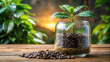 Coffee plant in a terrarium or glass container with soil and pebbles, botanical, compact