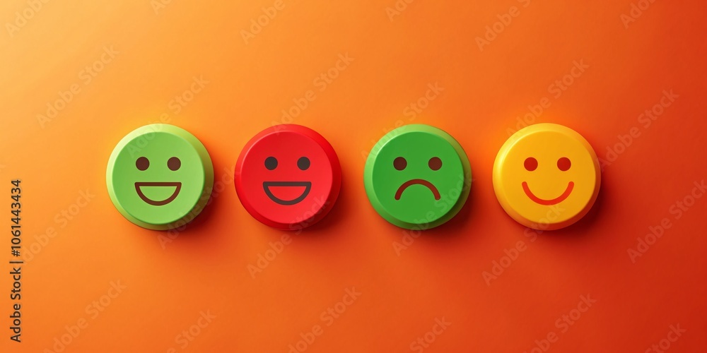Poster minimalist evaluation and satisfaction levels with red and green circles and emojis on orange backgr