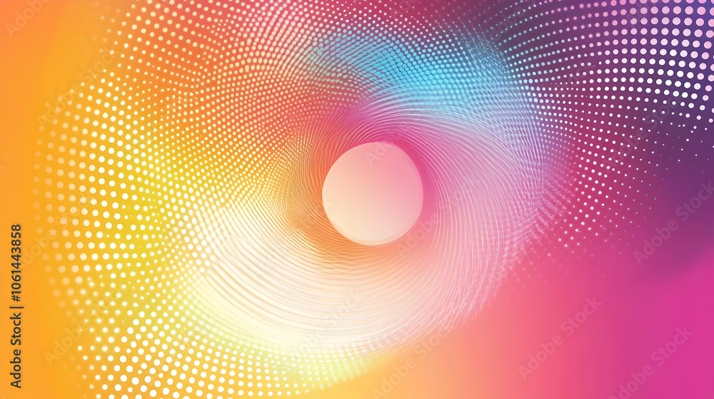 Poster mesmerizing colorful swirl with radiant halftone gradient pattern